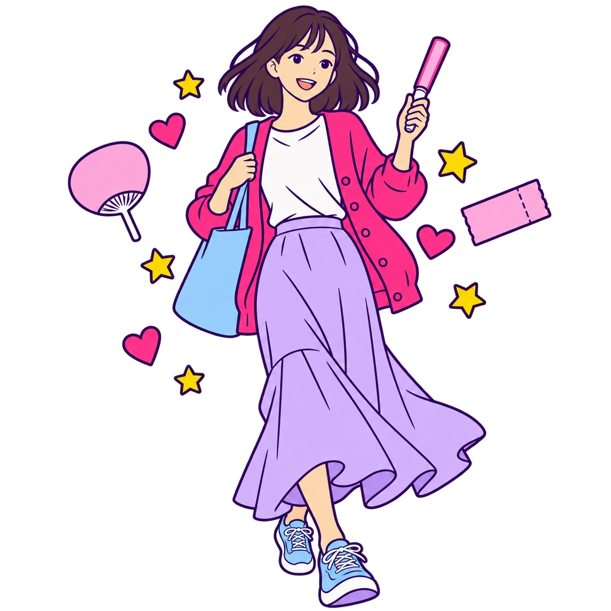 ペンライトとバッグを持って、一人でライブへ出かける人のイラスト