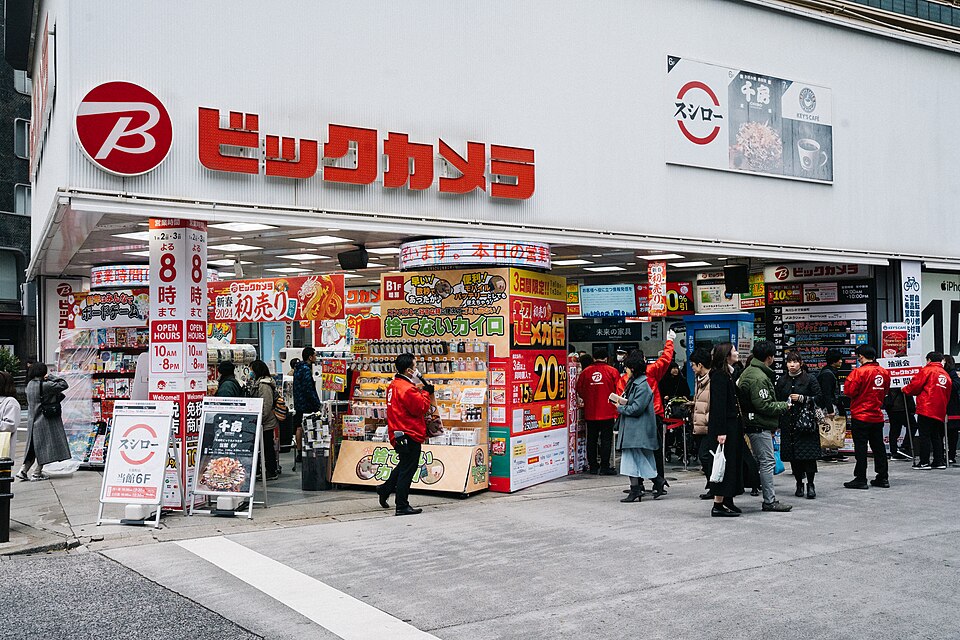 読売会館の街路側にあるビックカメラ有楽町店の入口と、その前を通る人々